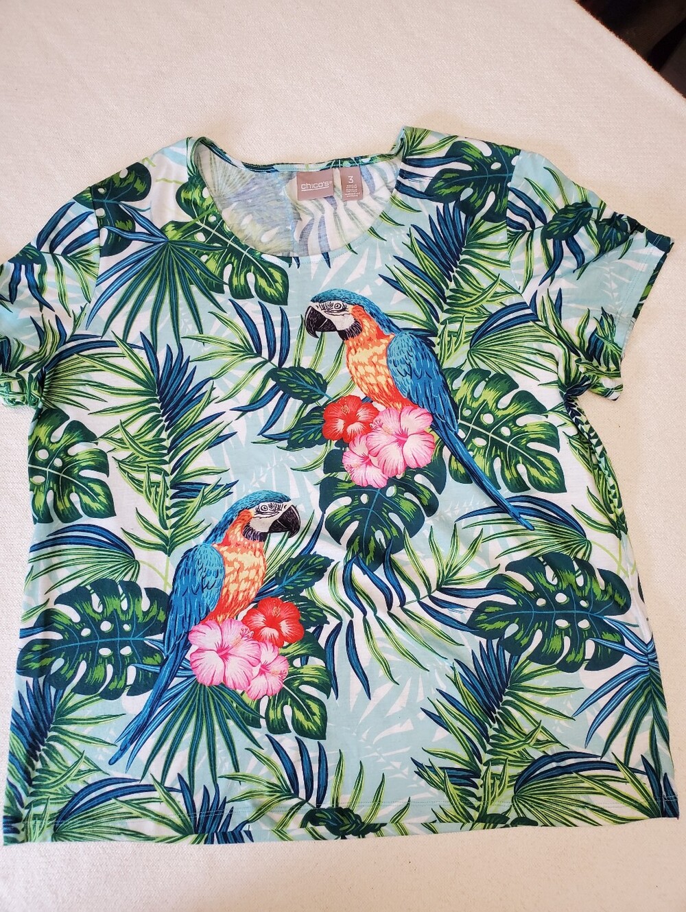 Tropical Parrot Hibiscus Print Top Sz 3 Cap Sleeve Resort Vacation Boho Chic